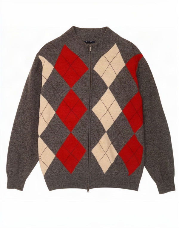 Massimo Dutti Maglione da uomo con zip e collo 2XL Grigio Argyle/Lana diamante
