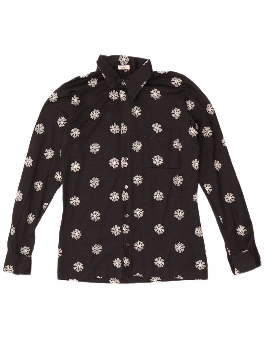Camicia da donna vintage UK 14 media nera floreale