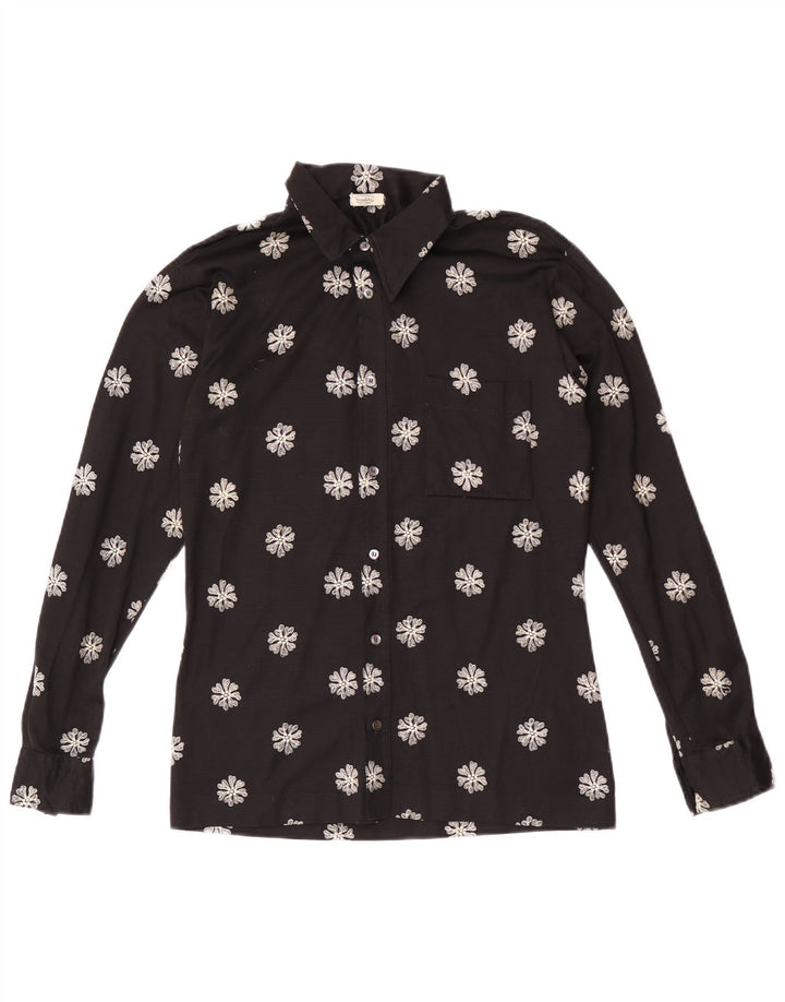 Camicia da donna vintage UK 14 media nera floreale