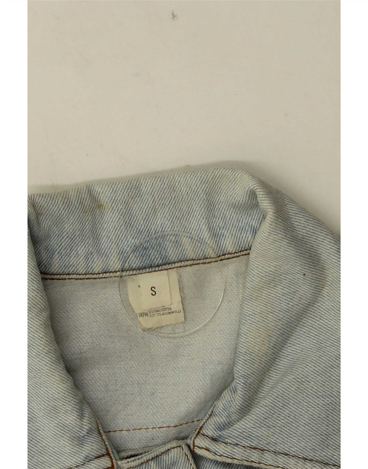 Giacca in denim con grafica corta da donna vintage UK 10 piccolo cotone blu