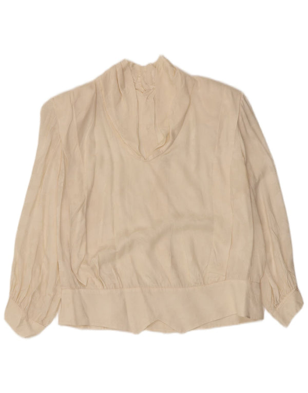 Camicetta camicia a maniche 3/4 da donna VINTAGE UK 14 grande floreale bianco sporco