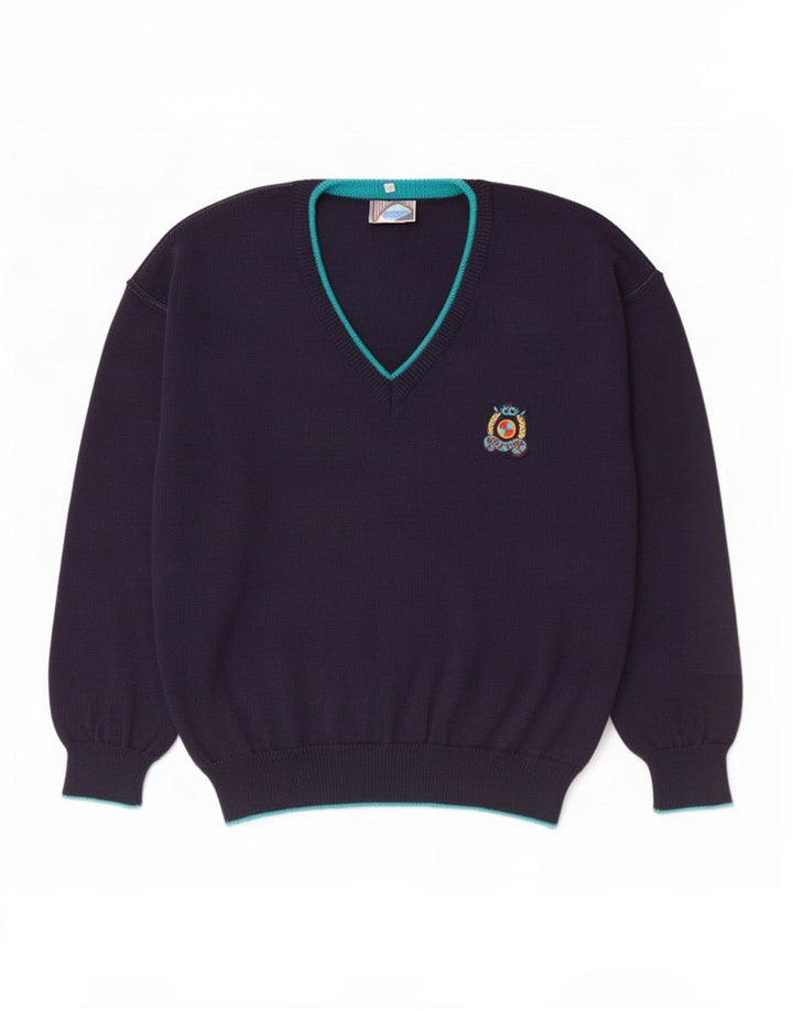 Maglione vintage da uomo con scollo a V IT 50 lana blu navy media