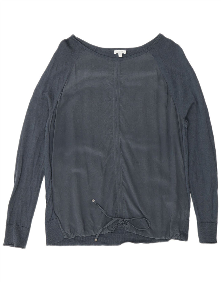 Jigsaw Top da donna con allacciatura frontale a maniche lunghe UK 16 Large in seta blu navy