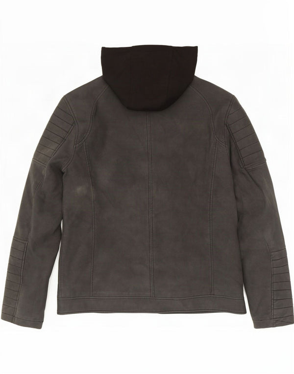 Guess Giacca da corsa da uomo in ecopelle con cappuccio UK 40 Large Grigio Poliuretano