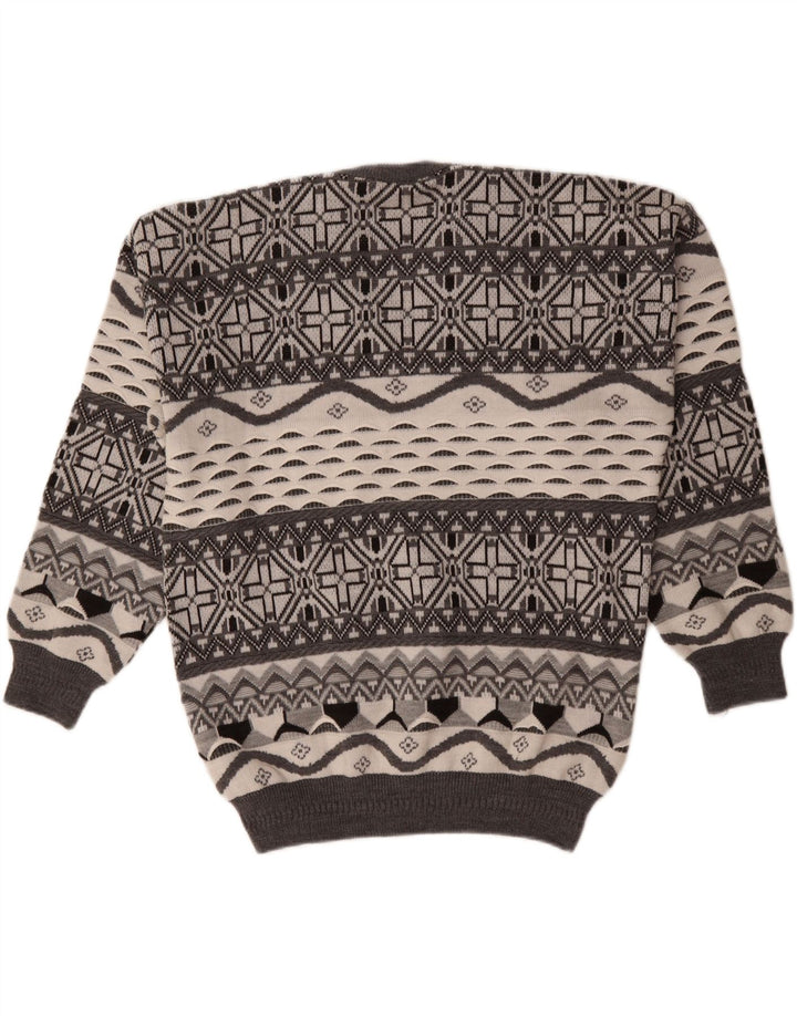 VINTAGE Mens V-Neck Jumper Sweater Medium Grey Fair Isle Vintage Vintage and Second-Hand Vintage from Messina Hembry 