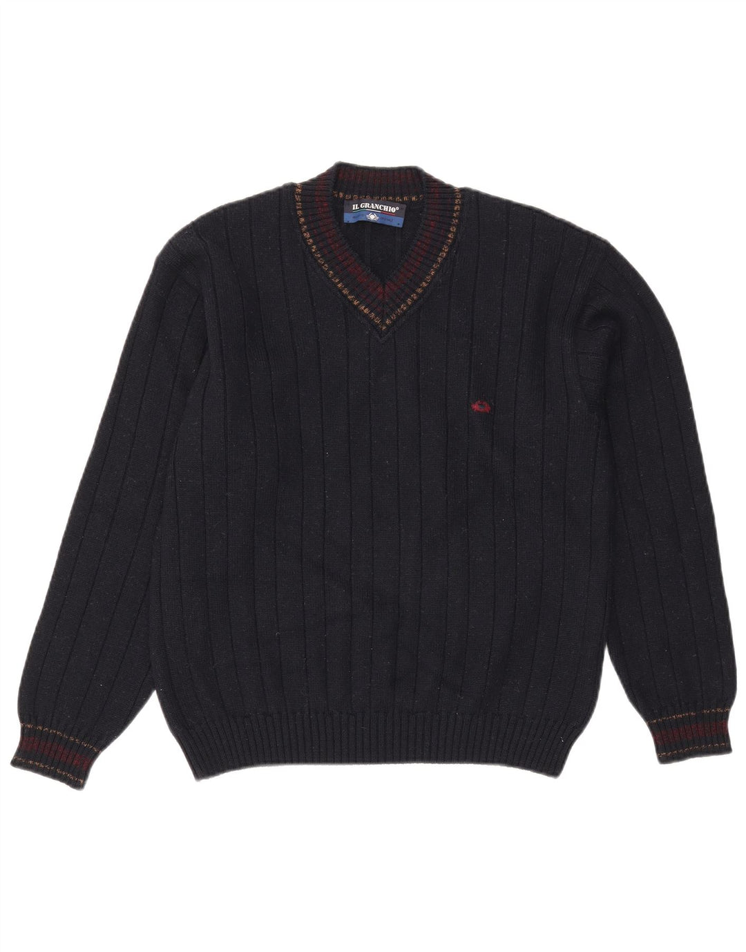 Maglione da uomo con scollo a V Il Granchio, grande, in lana blu navy