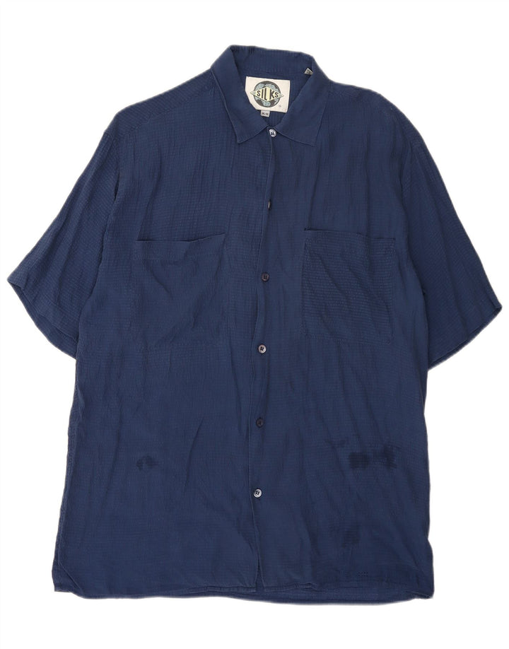 Camicia vintage da uomo a maniche corte in seta blu navy media