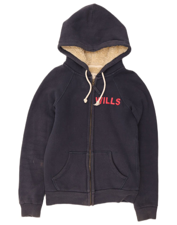 Maglione con cappuccio e zip Sherpa grafico da donna Jack Wills UK 8 piccolo blu navy