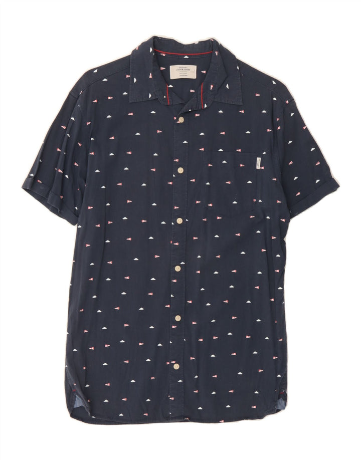 JACK & JONES Mens Abstract Pattern Short Sleeve Shirt Medium Navy Blue Vintage Jack & Jones and Second-Hand Jack & Jones from Messina Hembry 