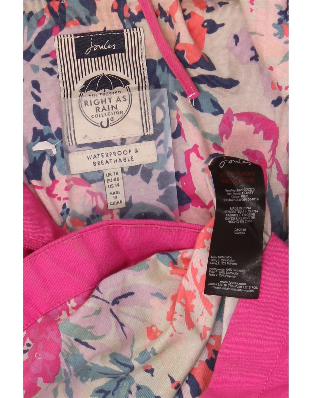 JOULES Giacca antipioggia da donna con cappuccio UK 18 XL Cotone rosa