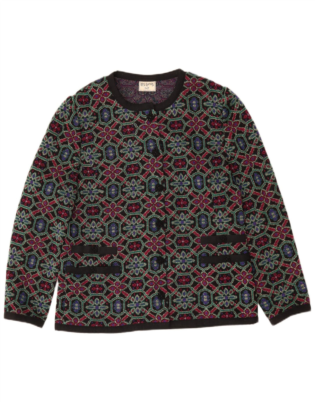Maglione cardigan da donna Les Lunis IT 48 XL Lana geometrica multicolore