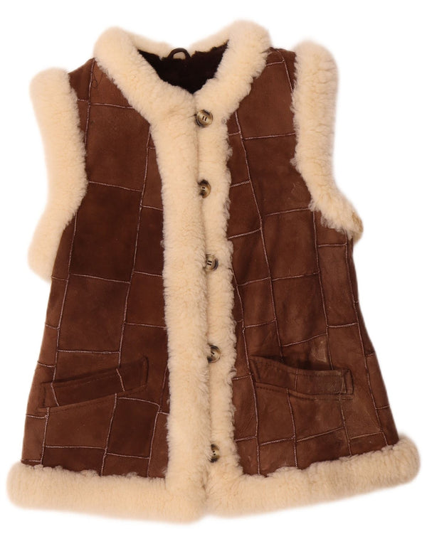 Gilet in shearling da donna VINTAGE EU 36 piccola pelle patchwork marrone