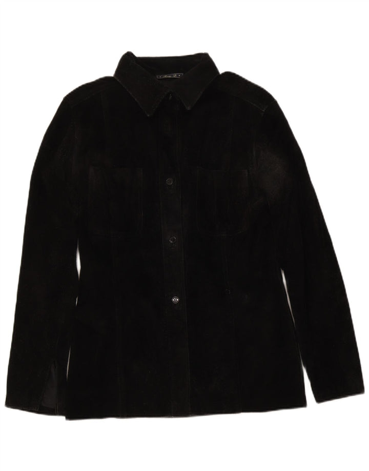 Camicia overshirt da donna vintage in pelle scamosciata IT 46 Large nera