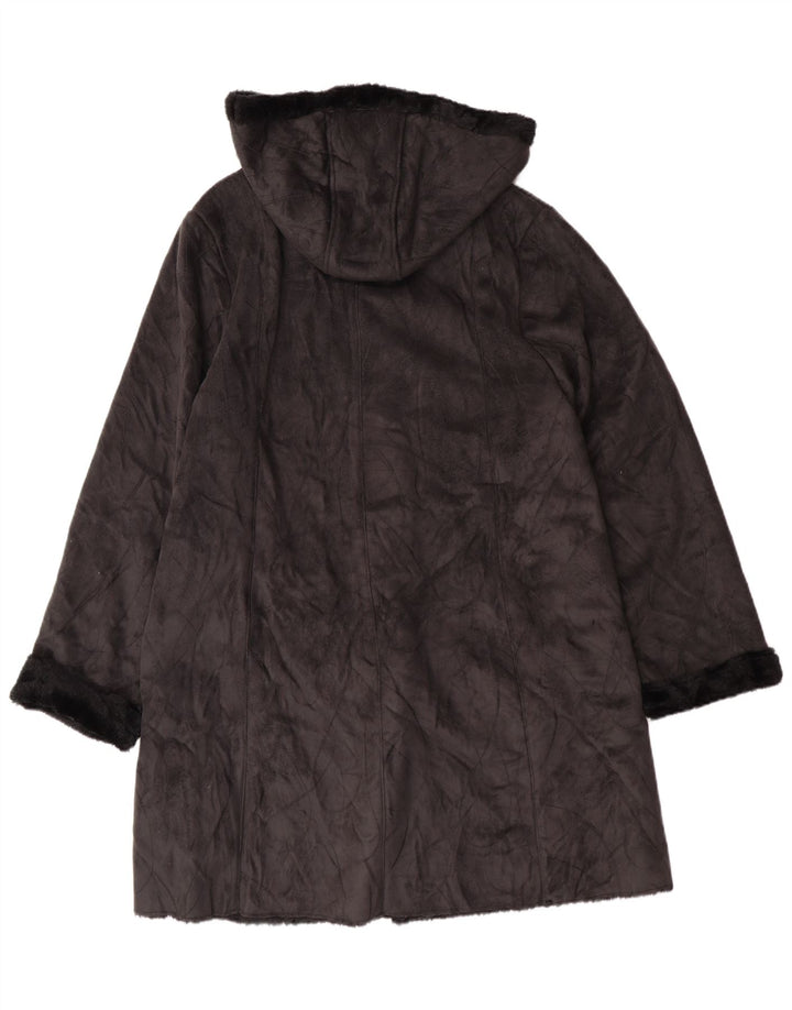 Cappotto sherpa vintage da donna con cappuccio UK 16 grande poliestere nero