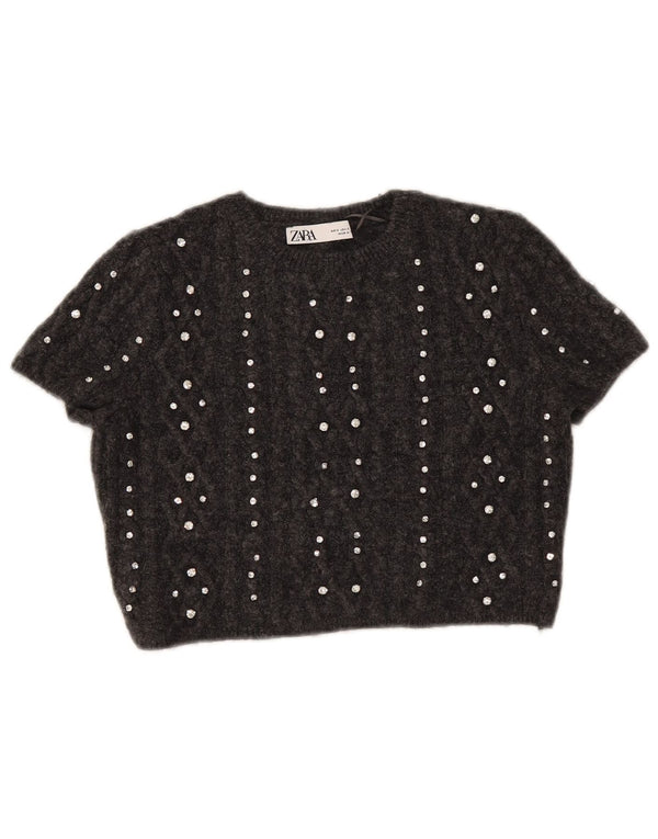 Maglione corto con scollo a barca a maniche corte da donna Zara UK 10 piccolo grigio