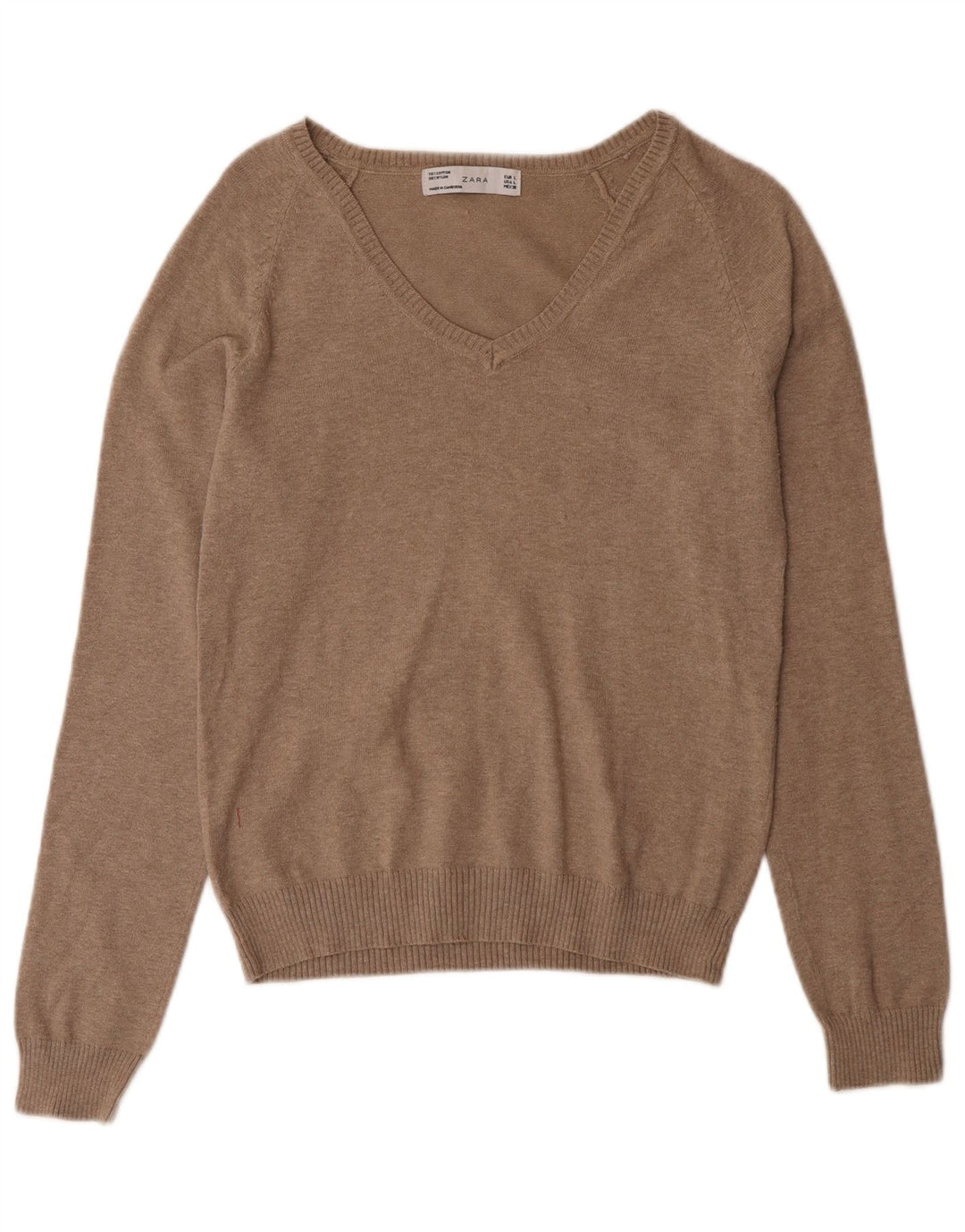 Maglione da donna con scollo a V Zara UK 14 grande cotone marrone