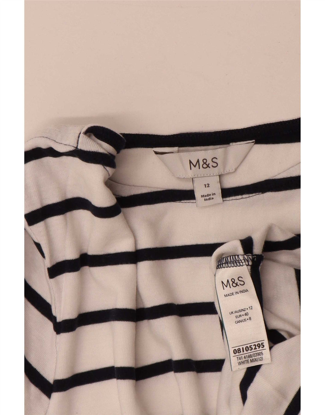 Marks & Spencer Womens Top 3/4 Sleeve UK 12 Medium White Striped Cotton