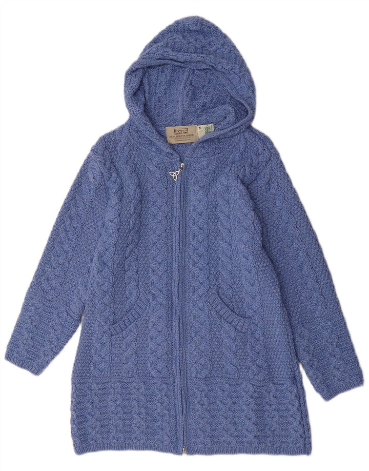 Maglione cardigan lungo con cappuccio da donna Aran UK 12 Blu medio classico