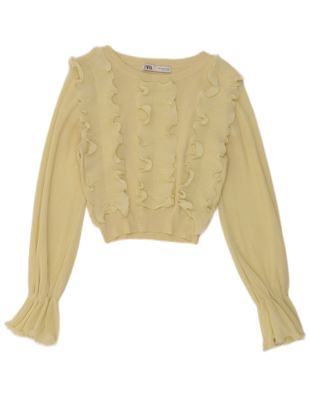 Zara Camicetta da donna corta a maniche lunghe con volant sul davanti UK 8 Small Giallo