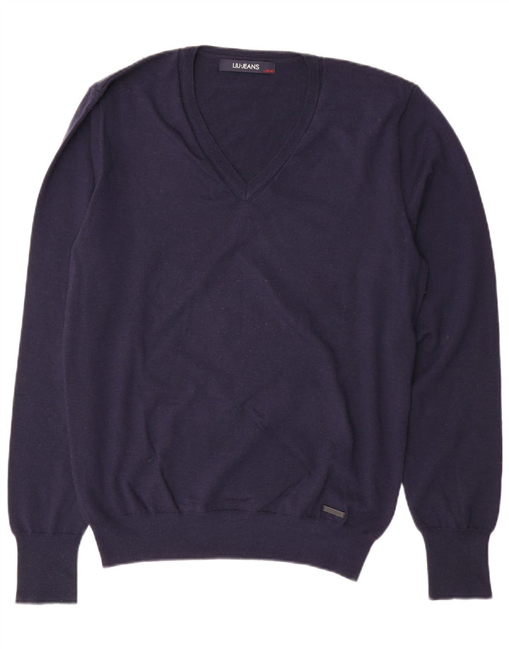 LIU JO Maglione da donna con scollo a V UK 18 XL Lana blu navy