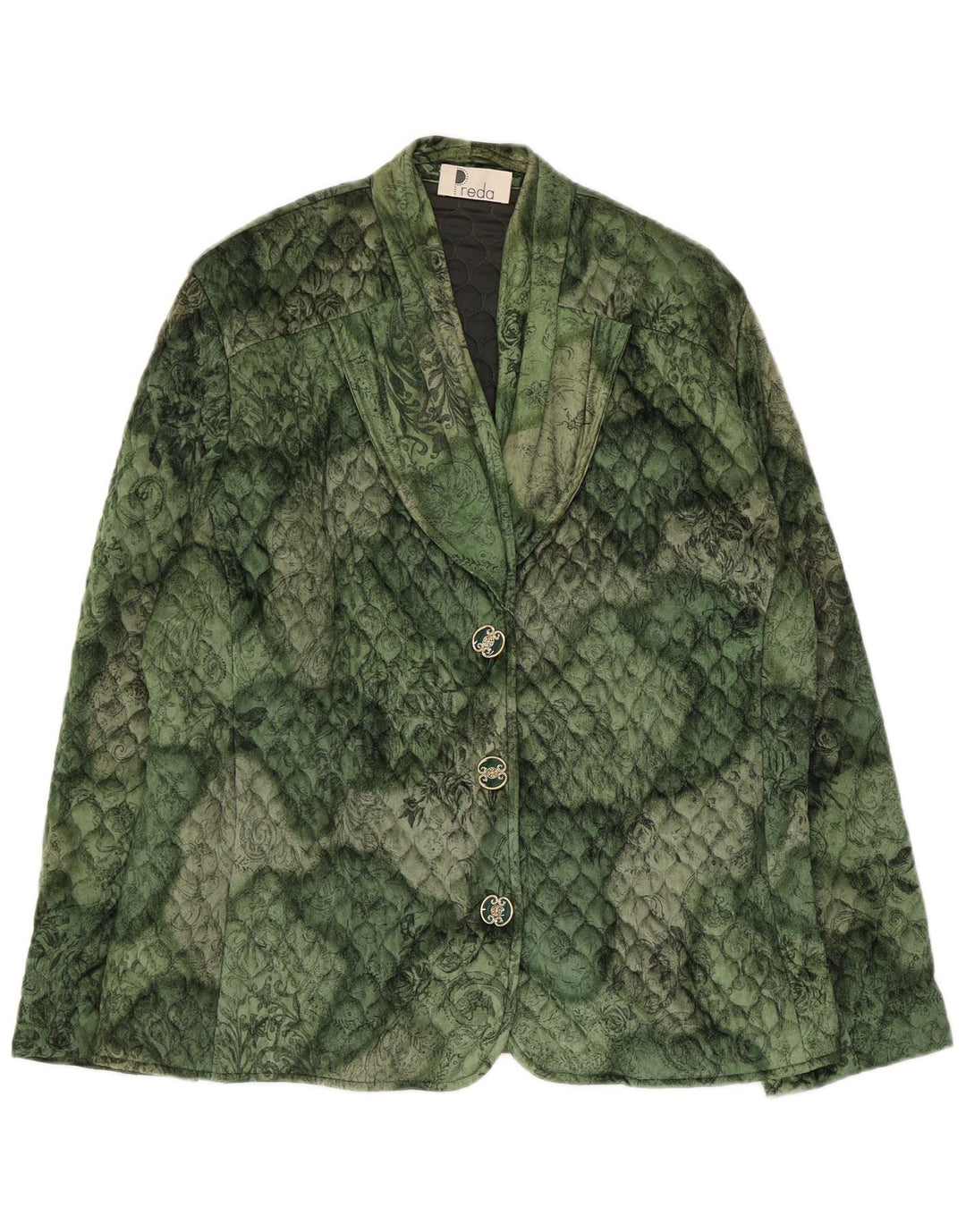 Giacca blazer trapuntata vintage da donna a 3 bottoni UK 16 grande verde floreale