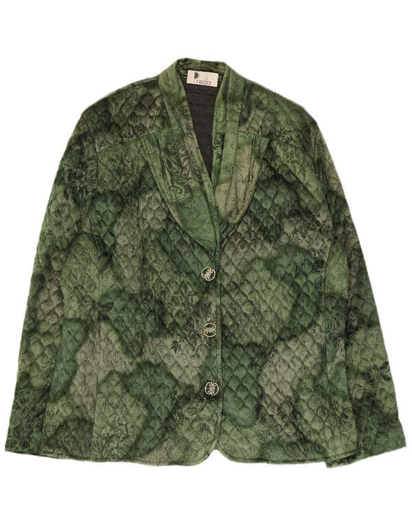 Giacca blazer trapuntata vintage da donna a 3 bottoni UK 16 grande verde floreale
