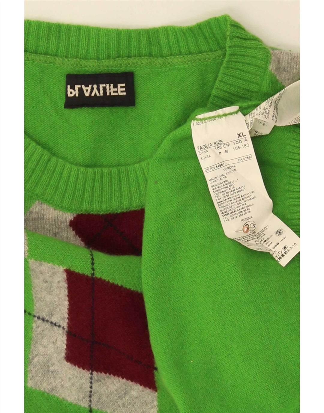 Maglione maglione girocollo da uomo Playlife XL verde a rombi/lana diamante