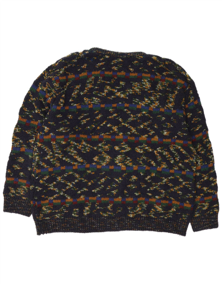 Maglione vintage da uomo con scollo a V XL in lana geometrica multicolore