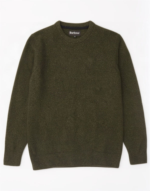 Barbour Uomo Girocollo Maglione Maglione Piccolo Verde Lana Macchiata