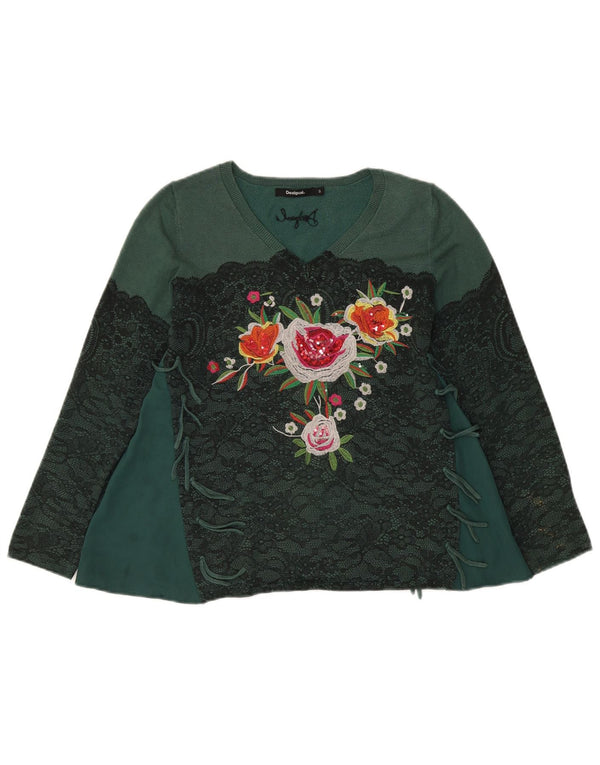 Desigual Donna Graphic Top Manica Lunga UK 10 Piccolo Verde Floreale Viscosa