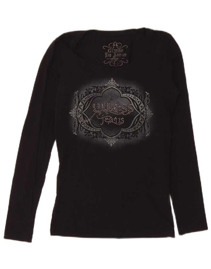 Guess Top grafico da donna a maniche lunghe UK 12 medio cotone nero