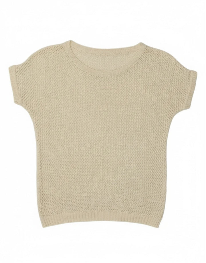 Maglione vintage da donna a maniche corte girocollo UK 12 medio bianco sporco