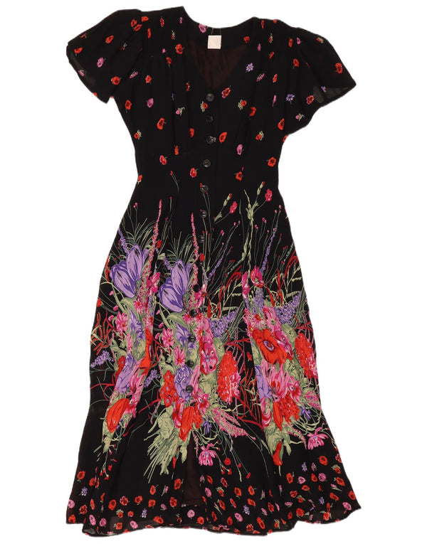 Abito lungo da donna vintage UK 10 piccolo floreale nero