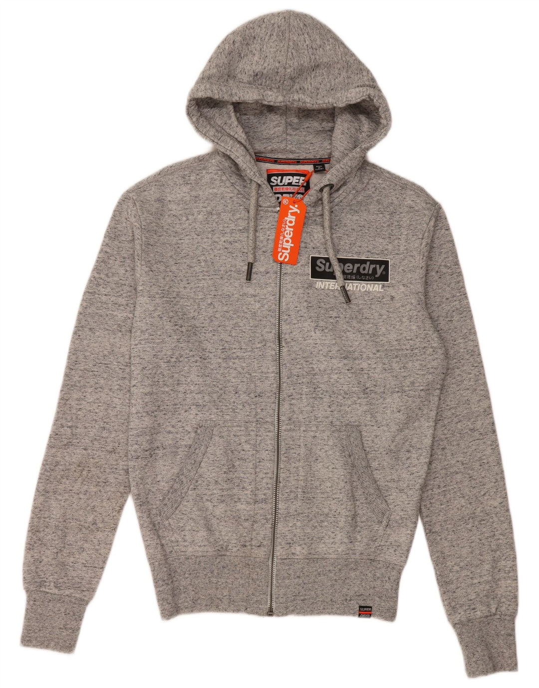 SUPERDRY Mens Graphic Loose Fit Zip Hoodie Sweater XS Grey Flecked Cotton