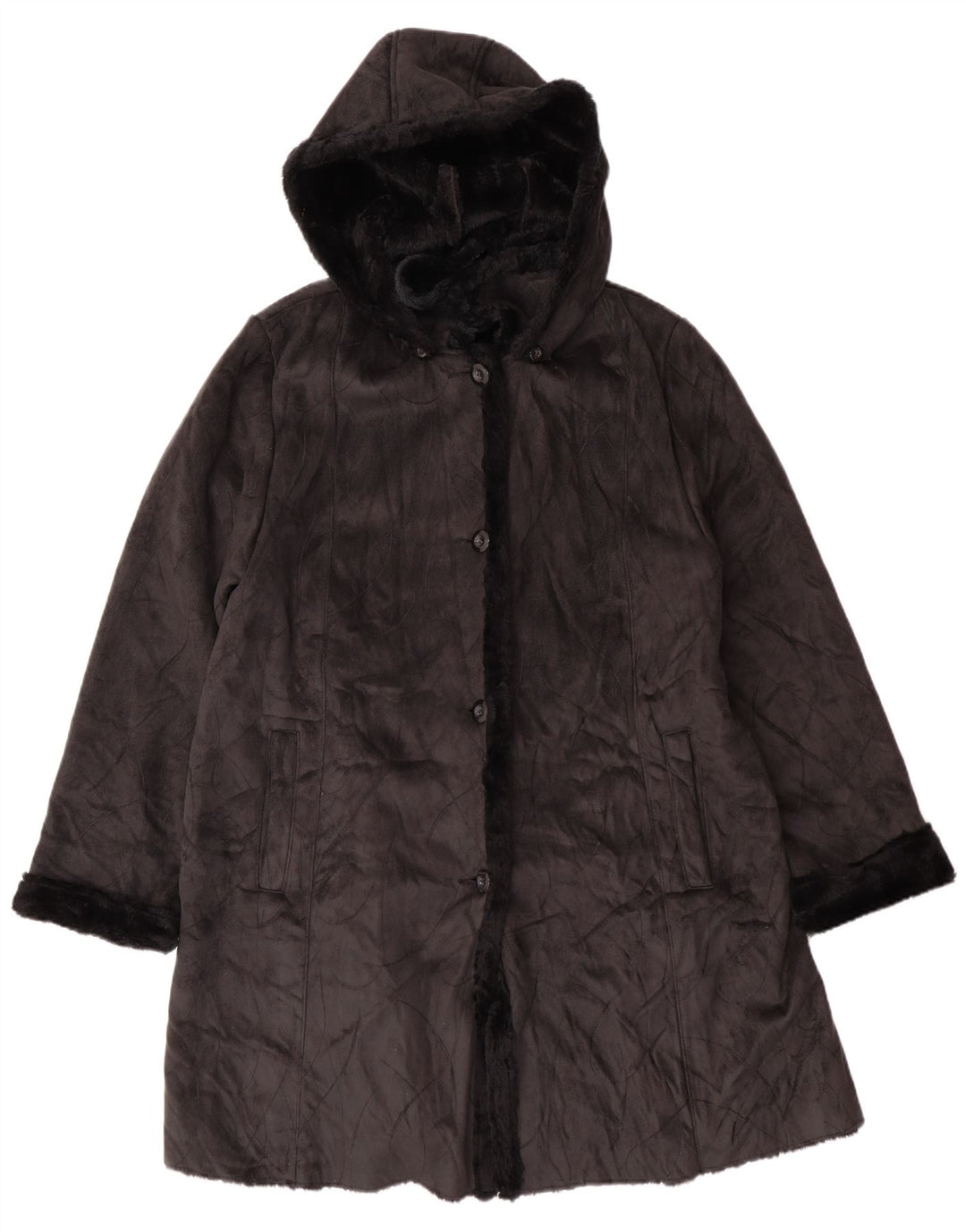 Cappotto sherpa vintage da donna con cappuccio UK 16 grande poliestere nero
