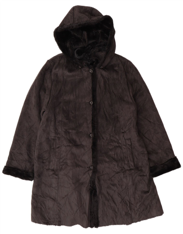 Cappotto sherpa vintage da donna con cappuccio UK 16 grande poliestere nero
