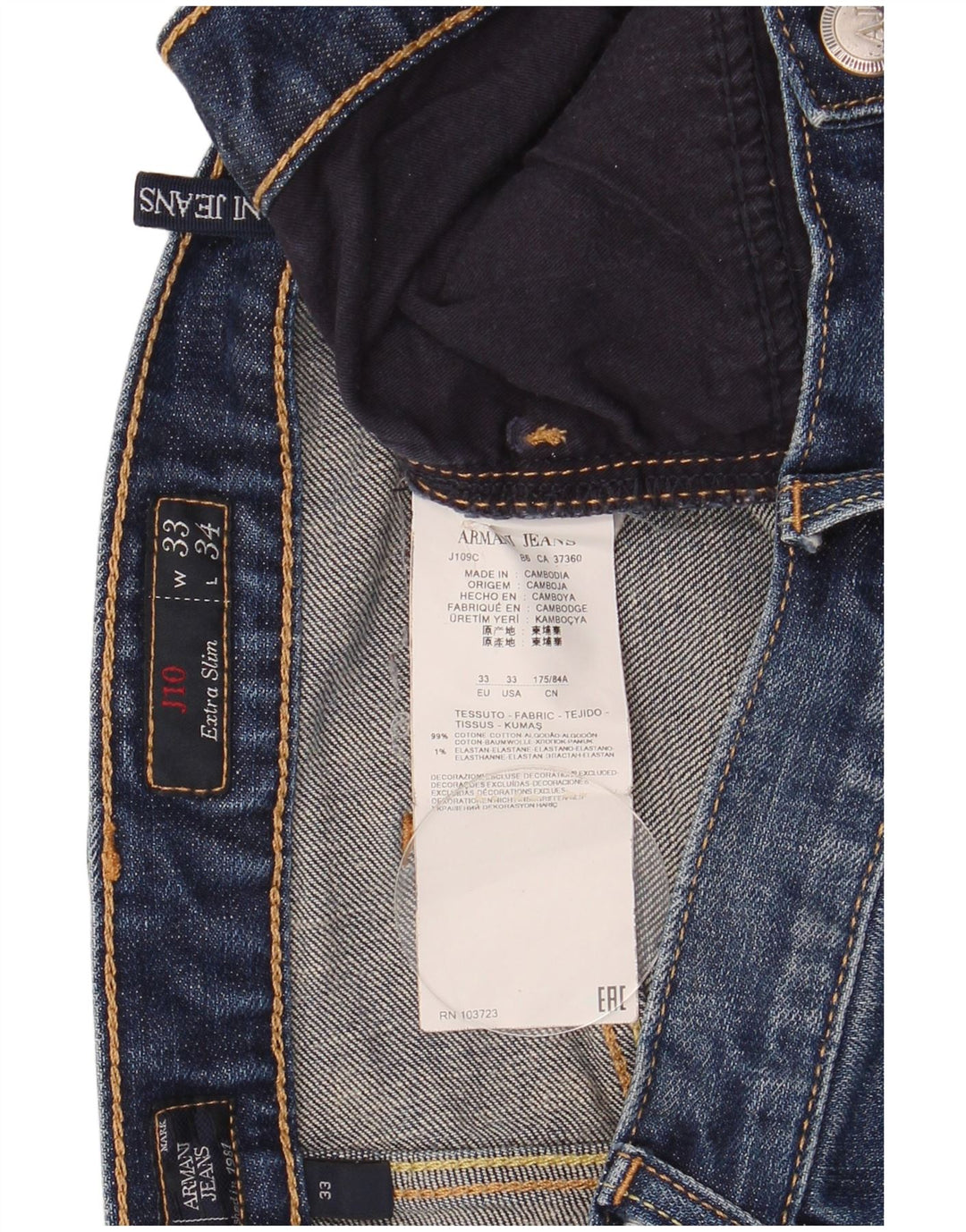 Jeans slim da donna Armani J10 W33 L34 cotone blu