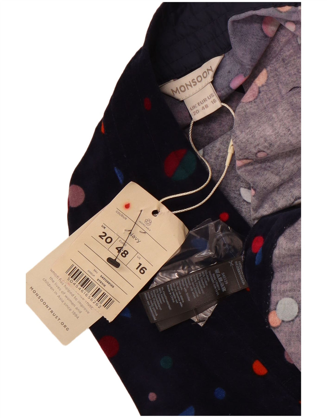 MONSOON Minigonna da donna in velluto UK 20 2XL W40 Cotone maculato blu navy