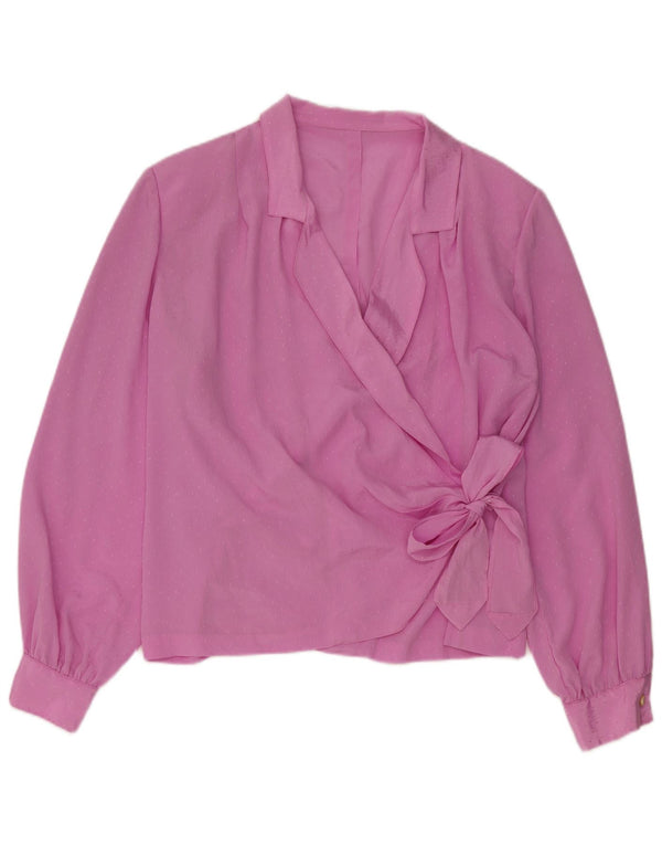 Top camicetta avvolgente a maniche lunghe da donna vintage UK 16 grande rosa maculato