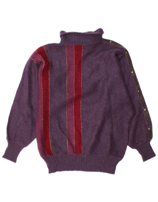Maglione maglione vintage da donna con collo alto UK 16 grande acrilico a strisce viola