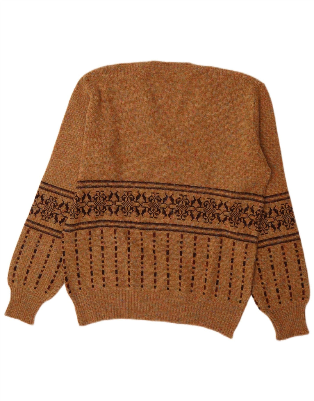 Maglione vintage da uomo con scollo a V in acrilico Fair Isle marrone medio