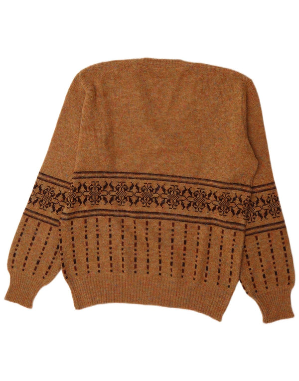 Maglione vintage da uomo con scollo a V in acrilico Fair Isle marrone medio