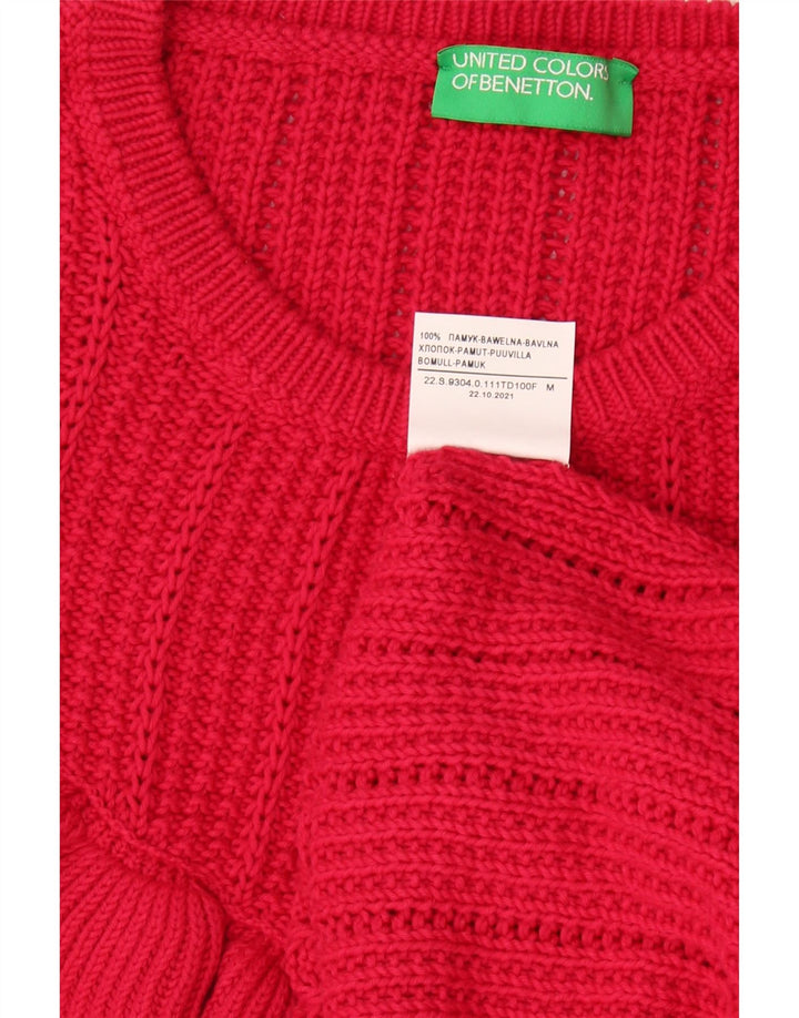 BENETTON Womens Ruffle Crew Neck Jumper Sweater UK 14 Medium Red Cotton Vintage Benetton and Second-Hand Benetton from Messina Hembry 