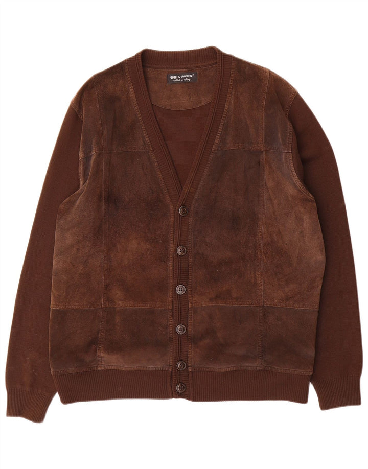 Il Granchio Maglione Cardigan in Pelle Scamosciata da Uomo Grande Lana Marrone