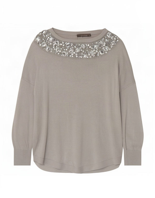 Maglione maglione con scollo a barca da donna Oasis UK 10 piccolo in viscosa grigia