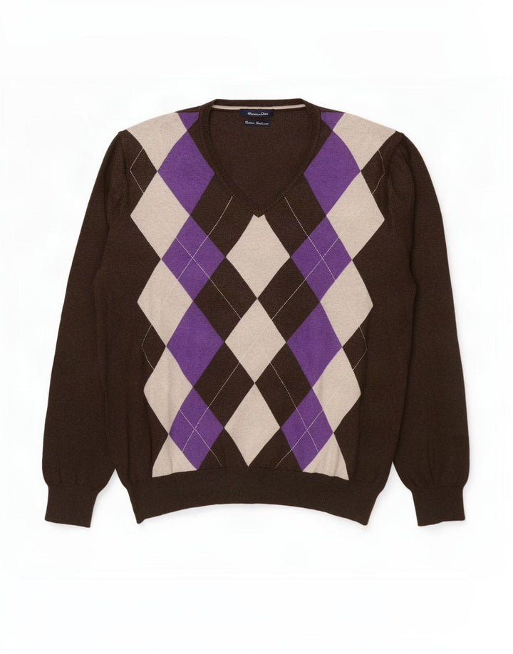 Massimo Dutti Maglione da uomo con scollo a V XL Marrone Argyle/Diamond Cotton