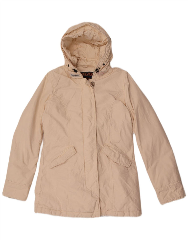 Giacca imbottita con cappuccio da donna Woolrich UK 10 piccola cotone bianco sporco