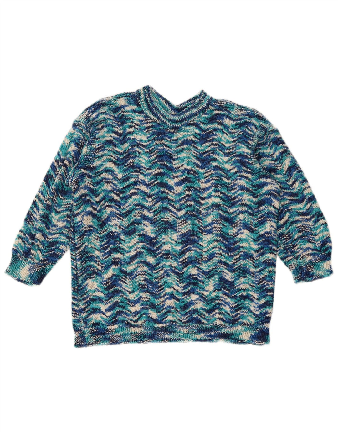 Maglione maglione girocollo da donna vintage UK 14 Blu medio geometrico