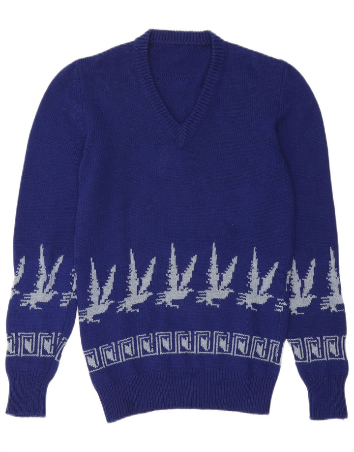 Maglione vintage da uomo con scollo a V piccolo blu Fair Isle