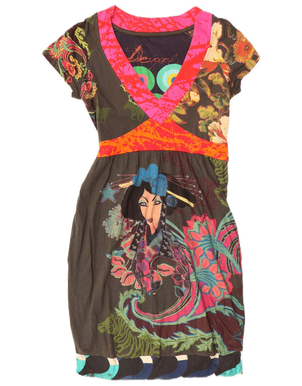 DESIGUAL Womens Graphic Bubble Dress UK 12 Medium Grey Floral Cotton